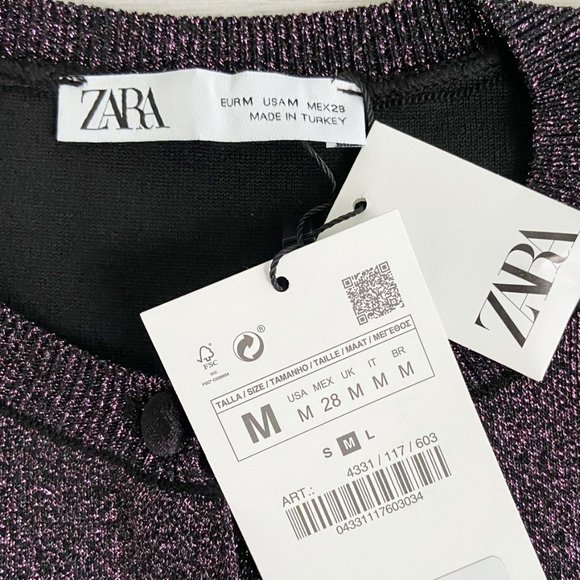 🌸SOLD🌸NWT Zara Purple Sparkly Shimmer Metallic Button Cropped Cardigan Sweater - Picture 9 of 9